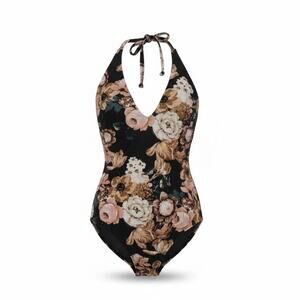 Beach Riot Floral Halter One Piece Swimsuit Black XS Plunge V Neck Cheeky Beach